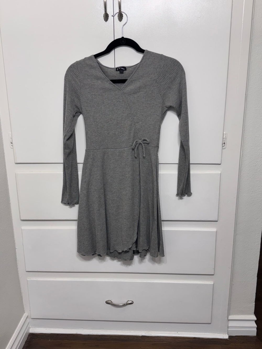 Gray Ribbed Knit Long Sleeve Faux Wrap Dress